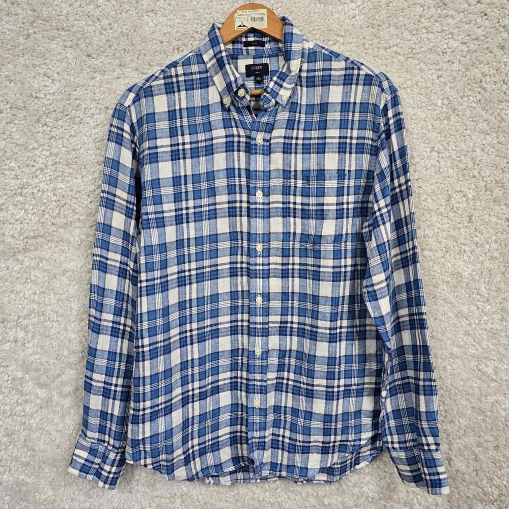 J.Crew Linen Plaid Shirt Mens Medium Slim Blue White Button Down Coastal